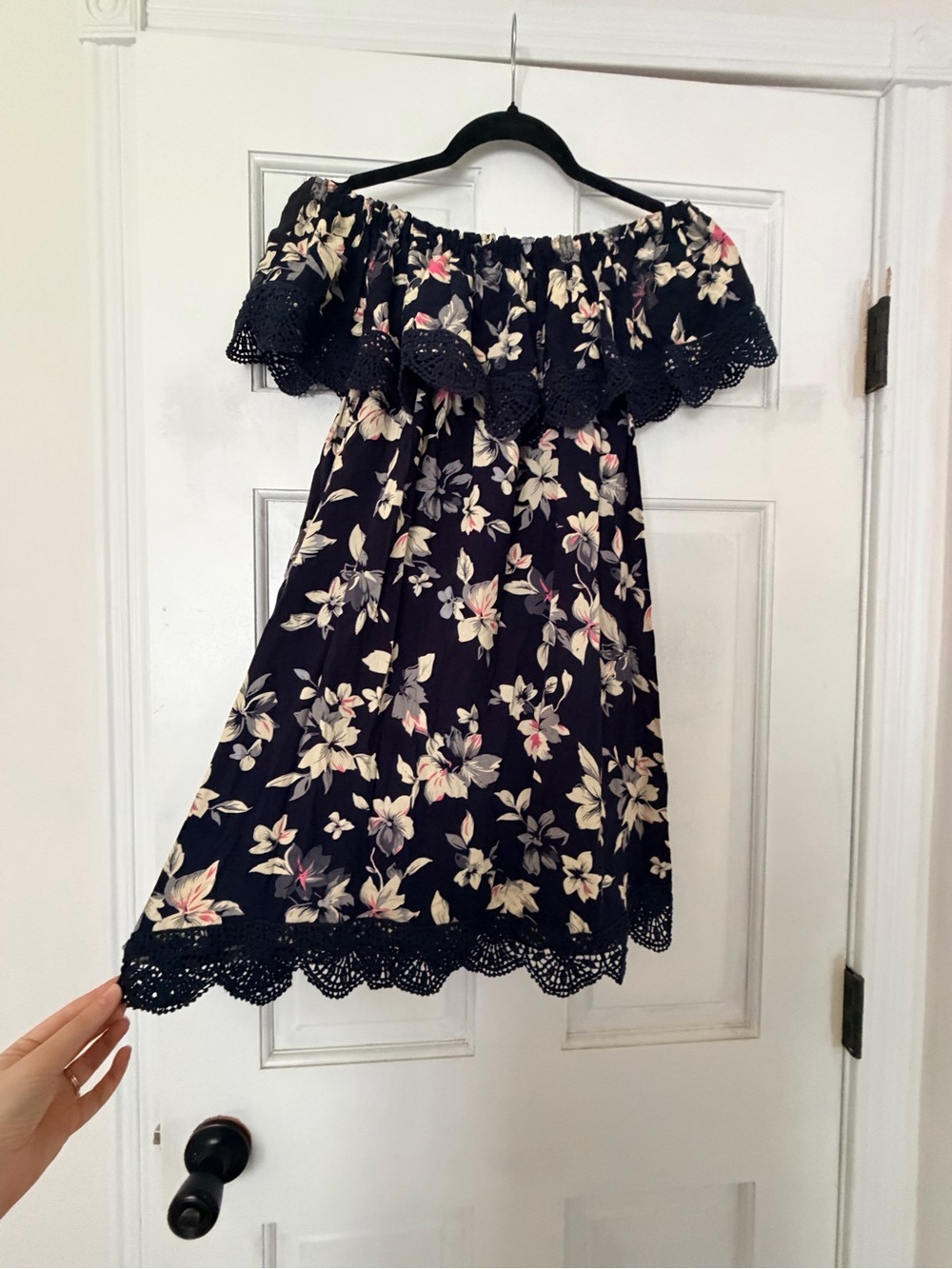 Alya Navy Floral Off-Shoulder Mini Dress with Crochet Hem